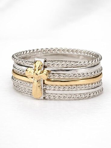 Semanario Ring for Women – 7 Band Stack Ring in 925 Sterling Silver with 10K Gold Overlay Cross – Meaningful Seven Virtues Ring, Religious Stackable Ring, Gift for Her in Kuwait