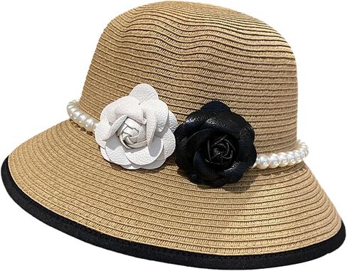 Womens Summer Hat Straw Fedora Beach Sun Hat,Flower Decoration Packable Wide Brim Panama Hat(White) in Saudi Arabia
