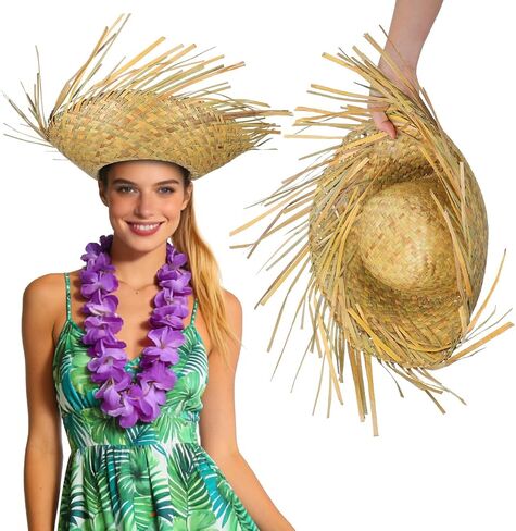 Veemoon Hawaiian Straw Hat for Women and Men, Woven Beach Sun Hat with Wide Brim, Decorative Summer Travel Outdoor Party Headwear 21.6-23.6 inch in Kuwait