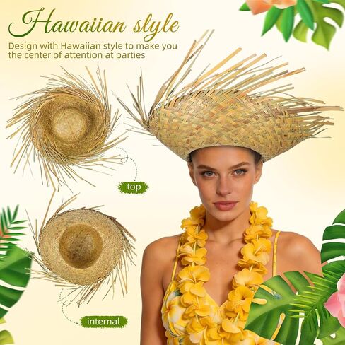 Veemoon Hawaiian Straw Hat for Women and Men, Woven Beach Sun Hat with Wide Brim, Decorative Summer Travel Outdoor Party Headwear 21.6-23.6 inch in Kuwait