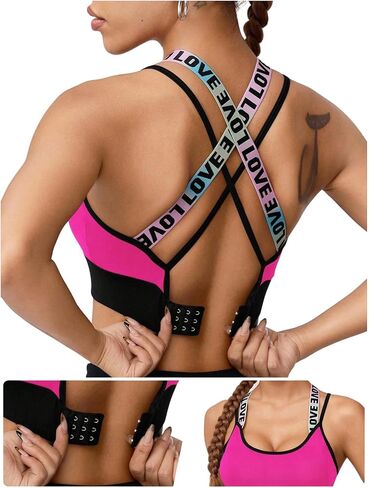 WDIRARA Women's Sports Bras Letter Strap Criss Cross Back Padded Strappy Workout Yoga Tops in Kuwait