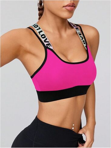WDIRARA Women's Sports Bras Letter Strap Criss Cross Back Padded Strappy Workout Yoga Tops in Kuwait