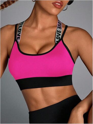 WDIRARA Women's Sports Bras Letter Strap Criss Cross Back Padded Strappy Workout Yoga Tops in Kuwait