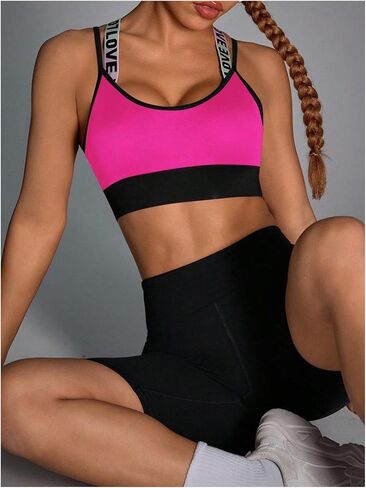 WDIRARA Women's Sports Bras Letter Strap Criss Cross Back Padded Strappy Workout Yoga Tops in Kuwait