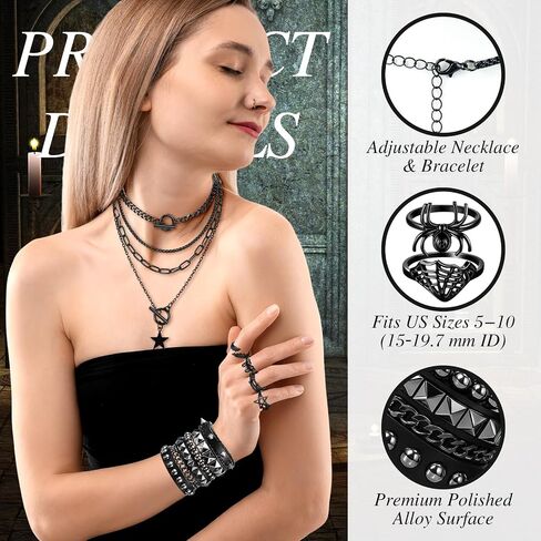 Liliaafar 20 Pcs Black Gothic Vintage Rings Necklace Bracelet Set, Punk Grunge Emo Jewelry Ring Choker Necklace for Men Women in Kuwait