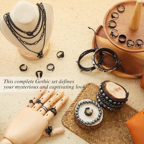 Liliaafar 20 Pcs Black Gothic Vintage Rings Necklace Bracelet Set, Punk Grunge Emo Jewelry Ring Choker Necklace for Men Women in Kuwait