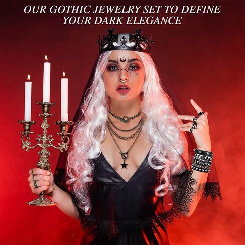 Liliaafar 20 Pcs Black Gothic Vintage Rings Necklace Bracelet Set, Punk Grunge Emo Jewelry Ring Choker Necklace for Men Women in Kuwait