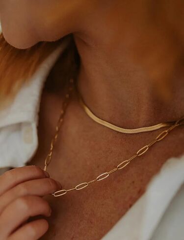 18K Gold Plated Layered Necklaces for Women, Dainty Paperclip Herringbone Link Chain Gold Necklace Stack for Women in Saudi Arabia