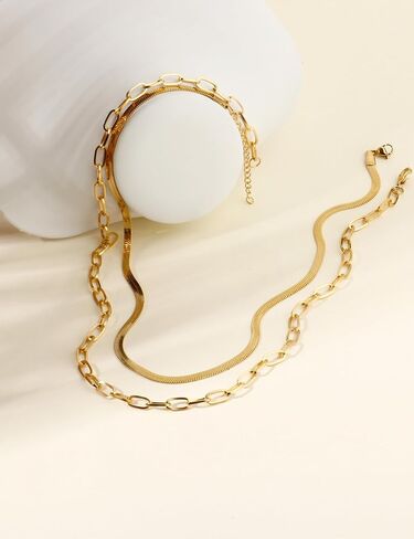 18K Gold Plated Layered Necklaces for Women, Dainty Paperclip Herringbone Link Chain Gold Necklace Stack for Women in Saudi Arabia