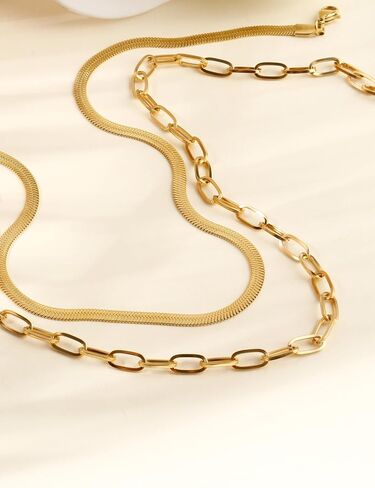 18K Gold Plated Layered Necklaces for Women, Dainty Paperclip Herringbone Link Chain Gold Necklace Stack for Women in Saudi Arabia