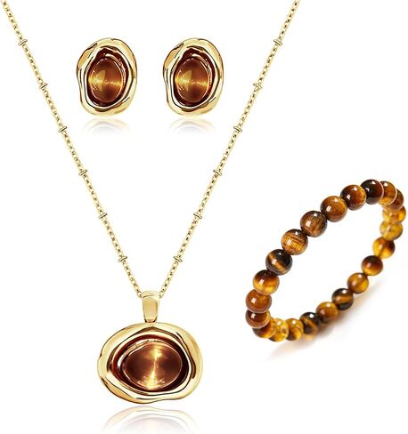 Gold Tigers Eye Stone Necklace Bracelet Earrings Set Chunky Gemstone Pendent Dangle Necklace Natural Gemstone Stretch Bracelet Valentine Prom Fashion Jewelry Mothers Day Gift in Saudi Arabia