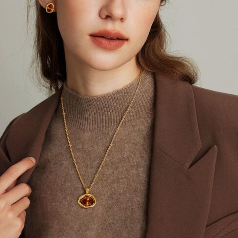 Gold Tigers Eye Stone Necklace Bracelet Earrings Set Chunky Gemstone Pendent Dangle Necklace Natural Gemstone Stretch Bracelet Valentine Prom Fashion Jewelry Mothers Day Gift in Saudi Arabia