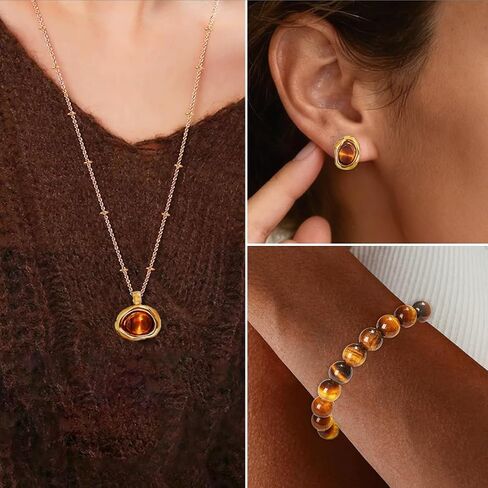 Gold Tigers Eye Stone Necklace Bracelet Earrings Set Chunky Gemstone Pendent Dangle Necklace Natural Gemstone Stretch Bracelet Valentine Prom Fashion Jewelry Mothers Day Gift in Saudi Arabia