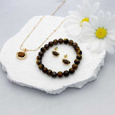 Gold Tigers Eye Stone Necklace Bracelet Earrings Set Chunky Gemstone Pendent Dangle Necklace Natural Gemstone Stretch Bracelet Valentine Prom Fashion Jewelry Mothers Day Gift in Saudi Arabia