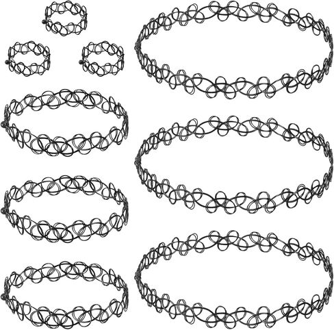 9Pcs Tattoo Choker Necklace, Bracelet & Ring Set, 90s Gothic Choker Necklace for Women, Black Stretch Grunge Aesthetic Jewelry Clothes Accessories in Kuwait