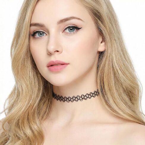 9Pcs Tattoo Choker Necklace, Bracelet & Ring Set, 90s Gothic Choker Necklace for Women, Black Stretch Grunge Aesthetic Jewelry Clothes Accessories in Kuwait