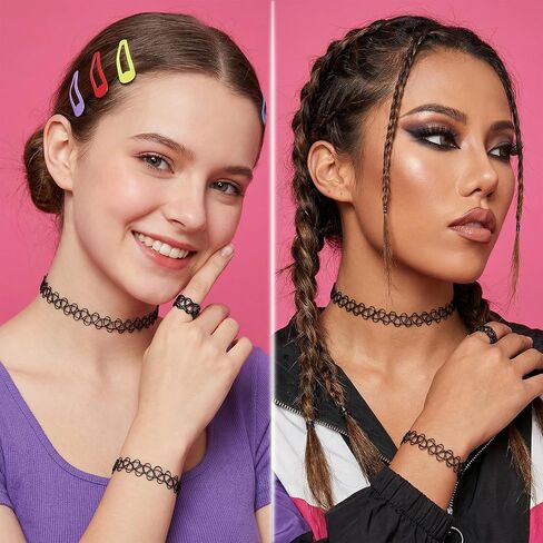 9Pcs Tattoo Choker Necklace, Bracelet & Ring Set, 90s Gothic Choker Necklace for Women, Black Stretch Grunge Aesthetic Jewelry Clothes Accessories in Kuwait