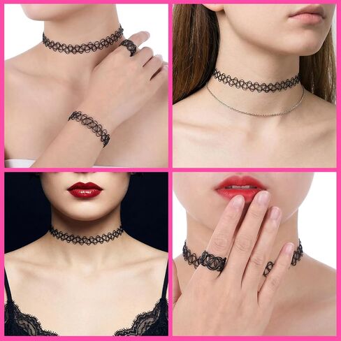 9Pcs Tattoo Choker Necklace, Bracelet & Ring Set, 90s Gothic Choker Necklace for Women, Black Stretch Grunge Aesthetic Jewelry Clothes Accessories in Kuwait