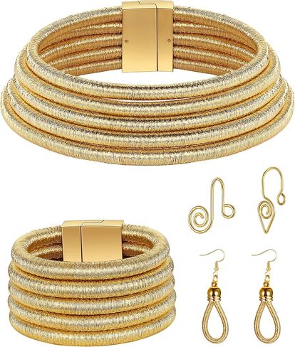 Hicarer 5 Pcs African Jewelry for Women, African Statement Choker Layered Collar Necklace Tribal Style Earrings Bracelet Faux Nose Rings Nose Cuffs Hoop Costume Jewelry Set for Women(Gold) in Kuwait