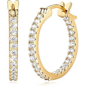 14K Yellow Gold Hoop Earrings for Women, Hypoallergenic Dual-Sided Cubic Zirconia Hinged Hoops Jewelry, 2mm x 15/20/30/35mm in Saudi Arabia
