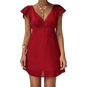 Naileksi Women Fairy V Neck Lace Mini Dress Casual Mesh Ruffle Sleeve Summer Wedding Guest Vacation Flowy Short Dress in Saudi Arabia