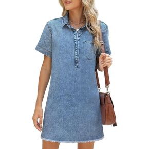 Women's Denim Dress for Women Cute Blue Babydoll Denim Shirt Dress Denim Dress with Pockets in Kuwait