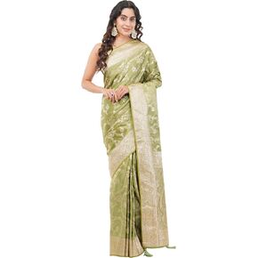 Women's Banarasi Mashru Silk Saree With Unstitched Blouse Piece Golden Embroidery Floral & Geometric Motifs in Saudi Arabia