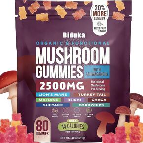 Organic Functional Mushroom Gummies with Ashwagandha | 2500MG | 20% More Gummies | Vegan, Gluten-Free, Non-GMO | 80 Count in Saudi Arabia