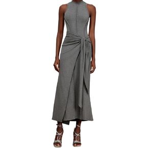 Gray Women's Bodycon Mock Neck Sleeveless Slit Maxi Evening Dress Elegant Ruched Knot Streamer Wrap Summer Dress in Saudi Arabia