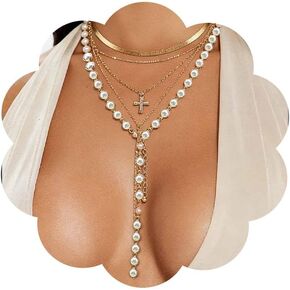 Layered Gold Cross Necklace for Women Vintage Multi-layer Cross Pearl Long Tassel Y-necklace Y2k Trendy Stack Party Jewelry Gifts in Saudi Arabia