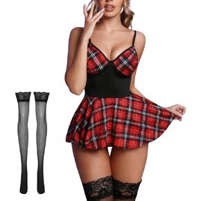 ROSVAJFY Women's Lingerie Set Sexy Schoolgirl Cosplay Costume Halloween Student Roleplay Outfit Babydoll with Stockings in Saudi Arabia
