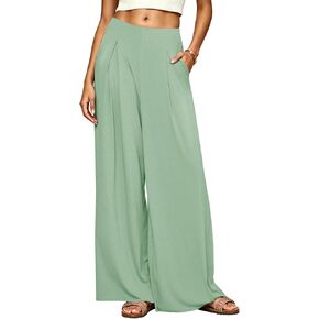 Womens Flowy Wide Leg Pants Ribbed High Waisted Pleated Stretchy Vacation Palazzo Trouser with Pockets in Saudi Arabia