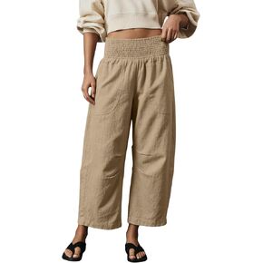 Womens Linen Cotton Smocked Barrel Pants Wide Leg Elastic Wide Waist Cropped Pants Pull-On Trousers with Pockets in Saudi Arabia