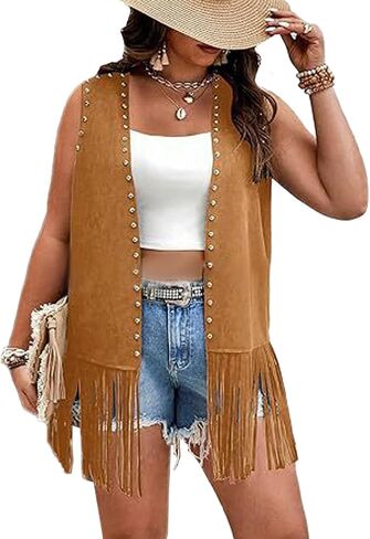xxxiticat Women's Faux Suede Vest Top Fringe Tassel Hem Open Front Cardigan Plus Size Rivet Trim Sleeveless Outerwear Jacket in Kuwait
