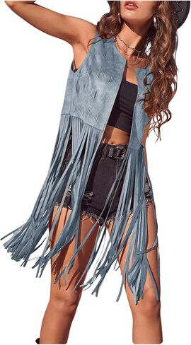 Women's Fringe Vest Sleeveless 70s Hippie Western Cowgirl Tassel Jacket Cardigan in Kuwait