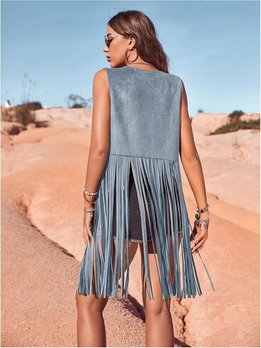 Women's Fringe Vest Sleeveless 70s Hippie Western Cowgirl Tassel Jacket Cardigan in Kuwait