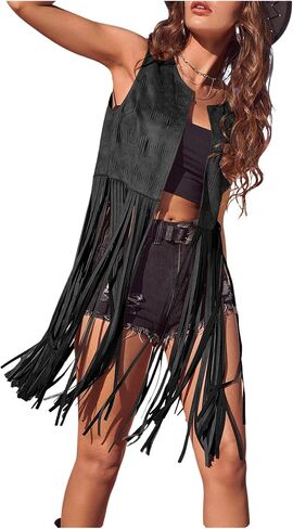 Women's Fringe Vest Sleeveless 70s Hippie Western Cowgirl Tassel Jacket Cardigan in Kuwait