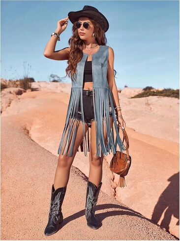 Women's Fringe Vest Sleeveless 70s Hippie Western Cowgirl Tassel Jacket Cardigan in Kuwait