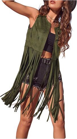 Women's Fringe Vest Sleeveless 70s Hippie Western Cowgirl Tassel Jacket Cardigan in Kuwait