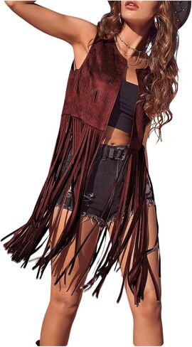 Women's Fringe Vest Sleeveless 70s Hippie Western Cowgirl Tassel Jacket Cardigan in Kuwait