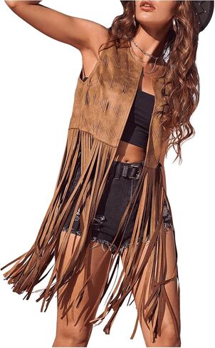 Women's Fringe Vest Sleeveless 70s Hippie Western Cowgirl Tassel Jacket Cardigan in Kuwait