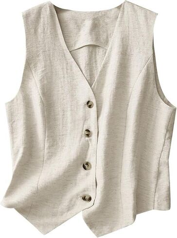 Vest for Women Summer Linen Sleeveless Button Down V Neck 2025 Cropped Waistcoat Vests Crop Tops in Saudi Arabia