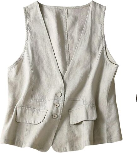 Vest for Women Summer Linen Sleeveless Button Down V Neck 2025 Cropped Waistcoat Vests Crop Tops in Kuwait