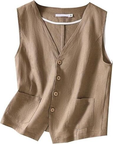 Vest for Women Summer Linen Sleeveless Button Down V Neck 2025 Cropped Waistcoat Vests Crop Tops in Kuwait