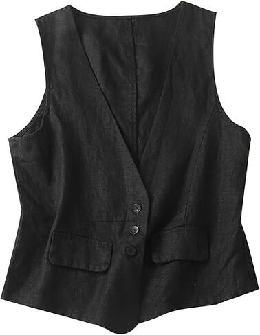 Vest for Women Summer Linen Sleeveless Button Down V Neck 2025 Cropped Waistcoat Vests Crop Tops in Kuwait