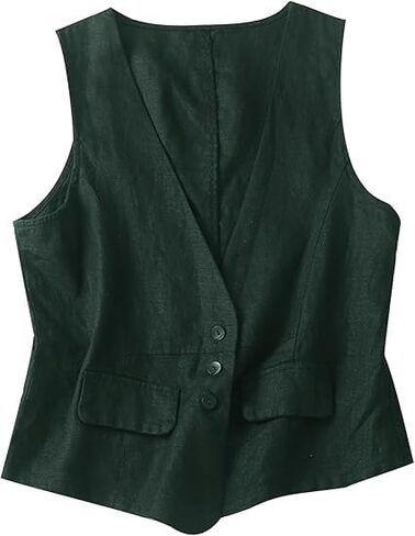 Vest for Women Summer Linen Sleeveless Button Down V Neck 2025 Cropped Waistcoat Vests Crop Tops in Kuwait
