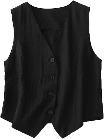 Vest for Women Summer Linen Sleeveless Button Down V Neck 2025 Cropped Waistcoat Vests Crop Tops in Kuwait
