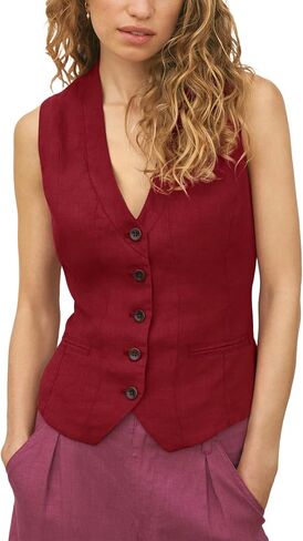 Women's Linen Vest Sleeveless Button Down V Neck Formal Business Waistcoat in Saudi Arabia