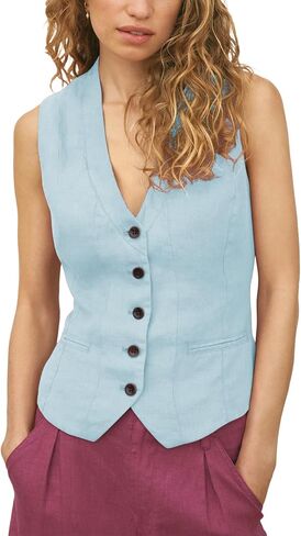 Women's Linen Vest Sleeveless Button Down V Neck Formal Business Waistcoat in Saudi Arabia