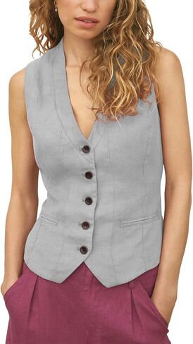 Women's Linen Vest Sleeveless Button Down V Neck Formal Business Waistcoat in Saudi Arabia